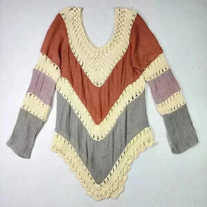 Women's Crochet Crinkle V-Neck Tunic Hippie BOHO Peasant‎ Coverup Earthy Blouse